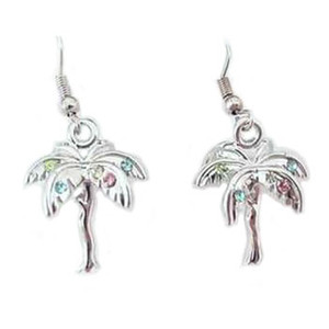 Palm Tree Drop Earrings Silvertone with Rhinestones (low sheen) - RSN1718BU-E