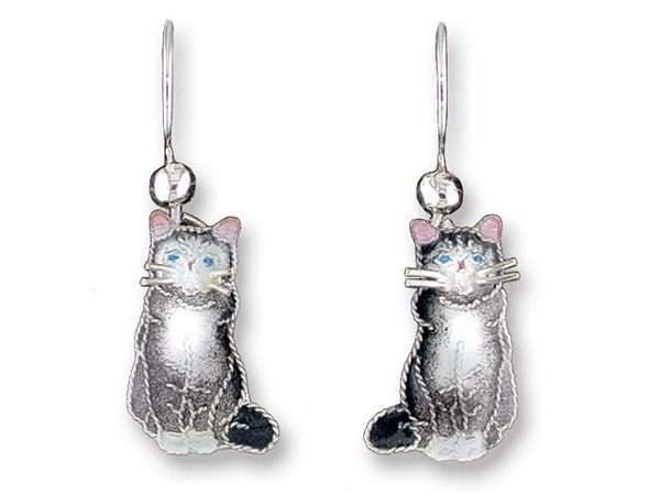 Cat Sterling Silver Drop Earrings "Gray & White" - 196501