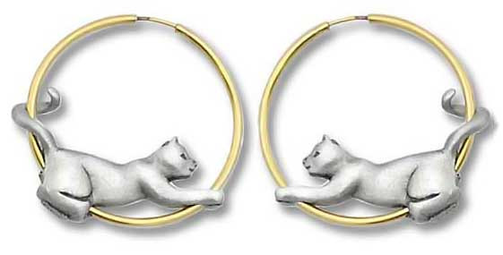 Cat Two Tone Pierced Hoop Pewter Earrings 1085EP