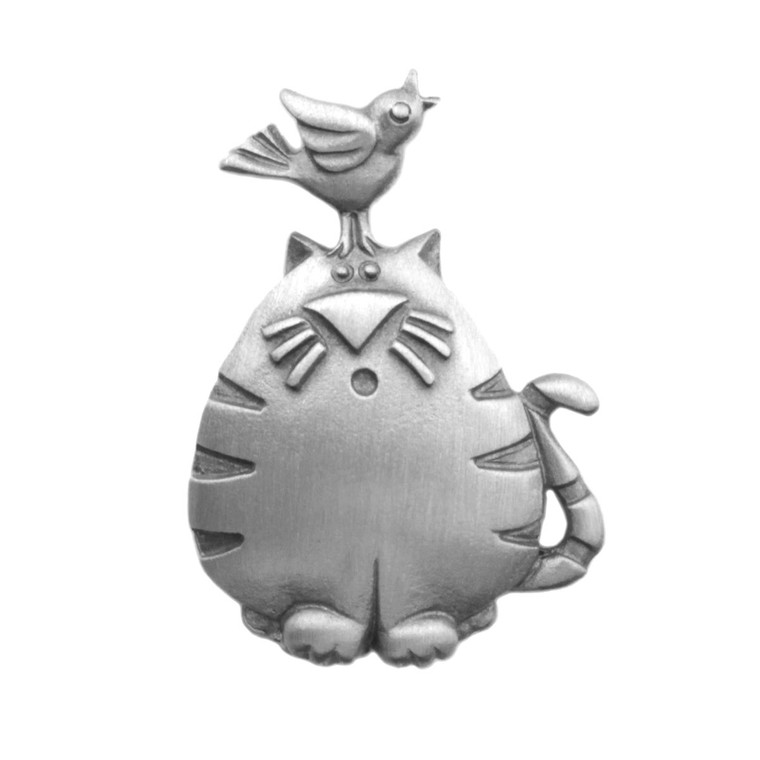 Cat with Bird Lapel Clutch Pin Pewter 2393CP