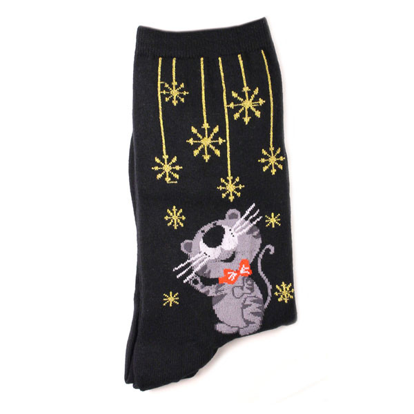 Shimmery Snowflake Cats Socks - Black- 14072