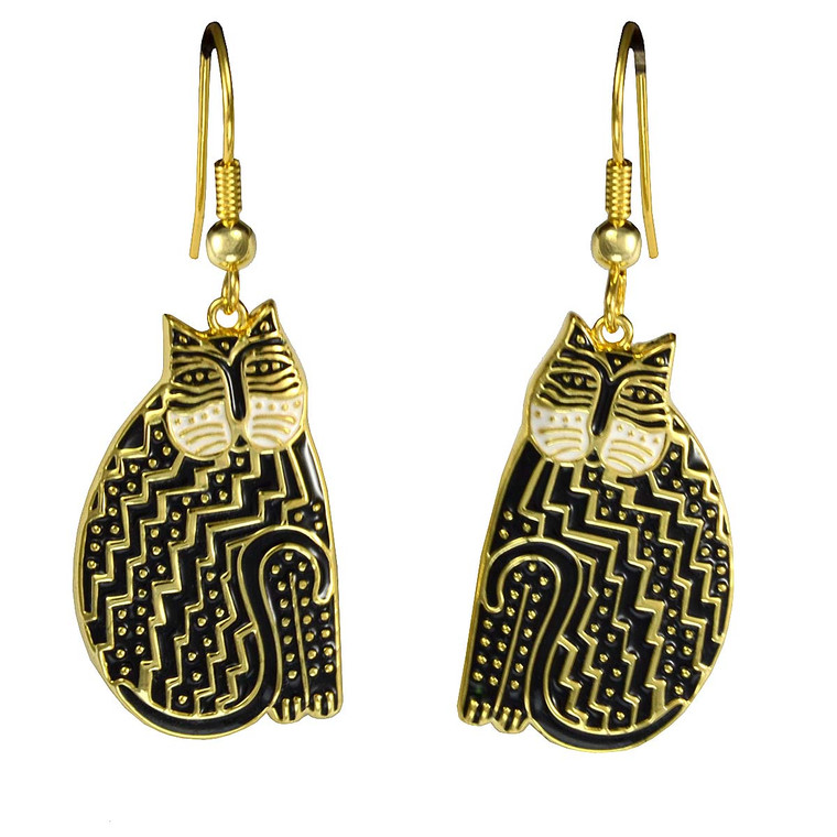 Tribal Cat Laurel Burch Earrings Black-White 5033