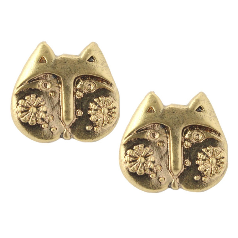 Laurel Burch Blossom Flower Cat Face Post Earrings Goldtone - LB1002STUD