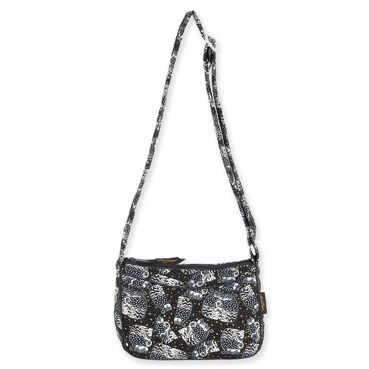 Laurel Burch Black White Polka Dot Wild Cats Quilted Cotton E/W Crossbody Bag LB6339