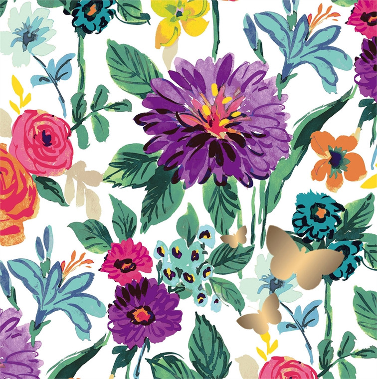 Garden Scene with Gold Foil Butterflies - Paper Cocktail Napkin