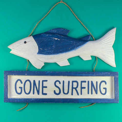Gone Surfing Fish Sign - Carved Painted Wood - 438-2-575