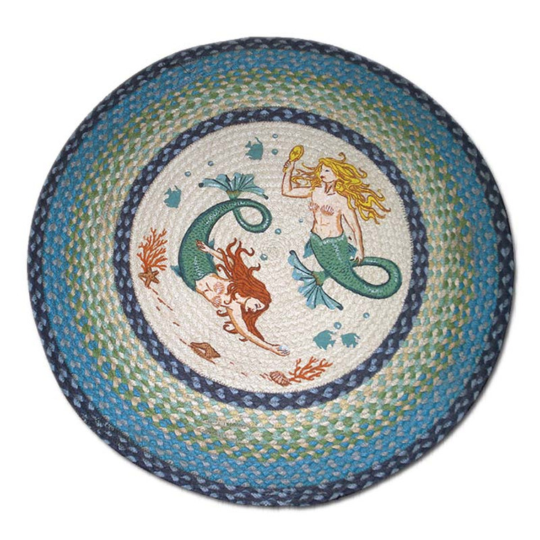 Mermaid Sisters 27" Hand Printed Round Braided Floor Rug RP-386