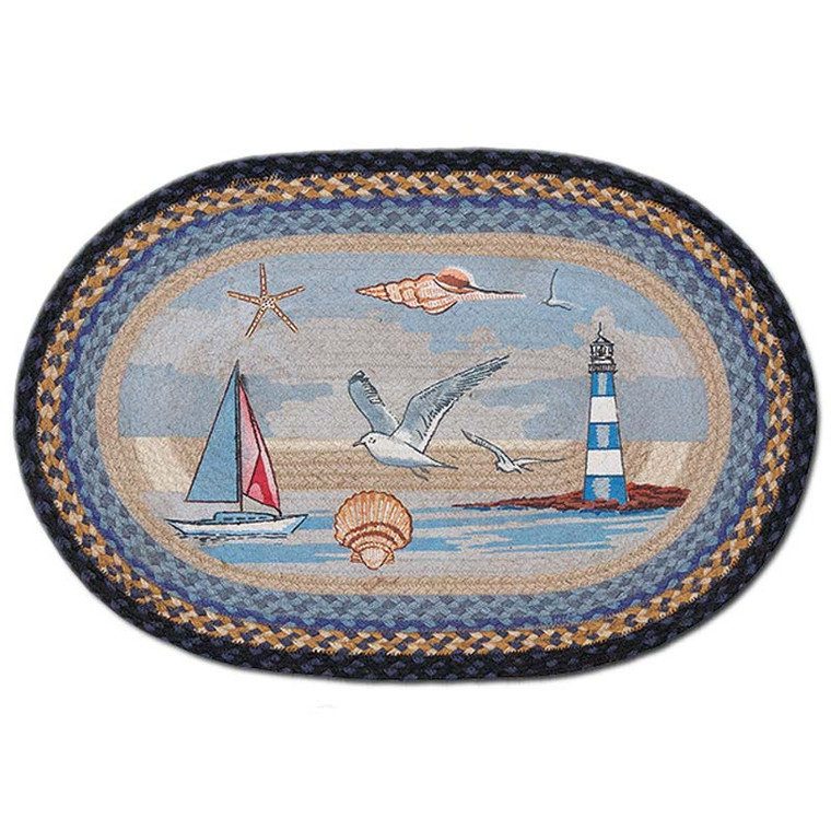 Sail Boat Bay 20x30 Hand Printed Oval Braided Floor Rug OP-454