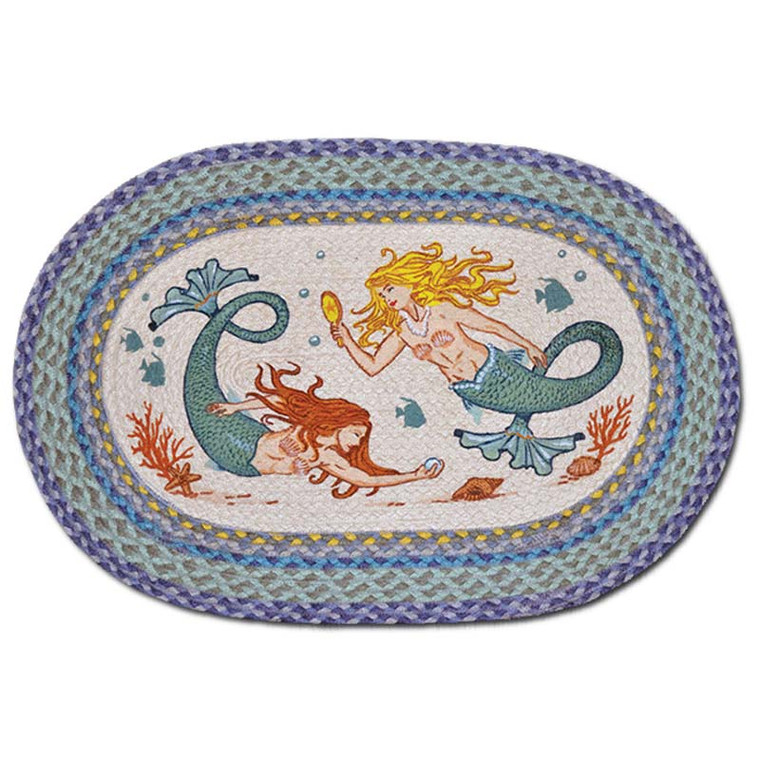 Mermaid Sisters 20x30 Hand Printed Oval Braided Floor Rug OP-386
