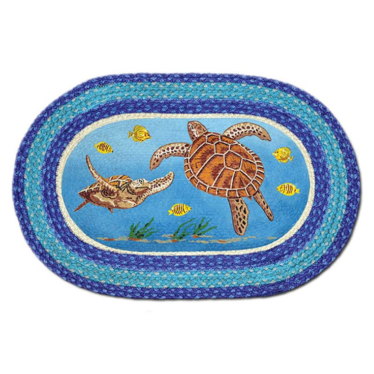 Sea Turtle 20x30 Hand Printed Oval Braided Floor Rug OP-384