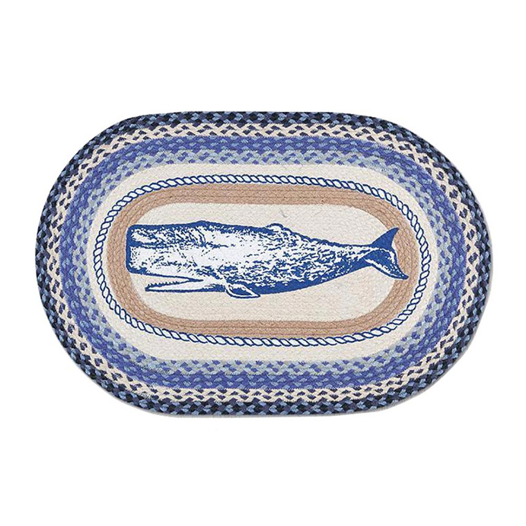20"x30" Hand Stenciled Oval Patch Whale Braided Rug OP-443-WH