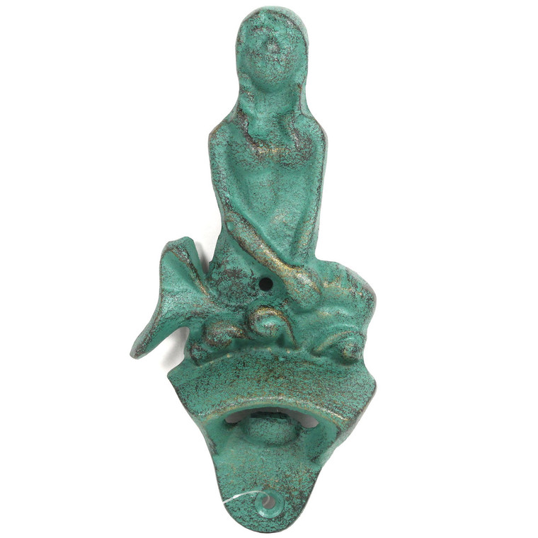 Sitting Mermaid Blue/Green Cast Iron Wall Mount Bottle Opener 5926