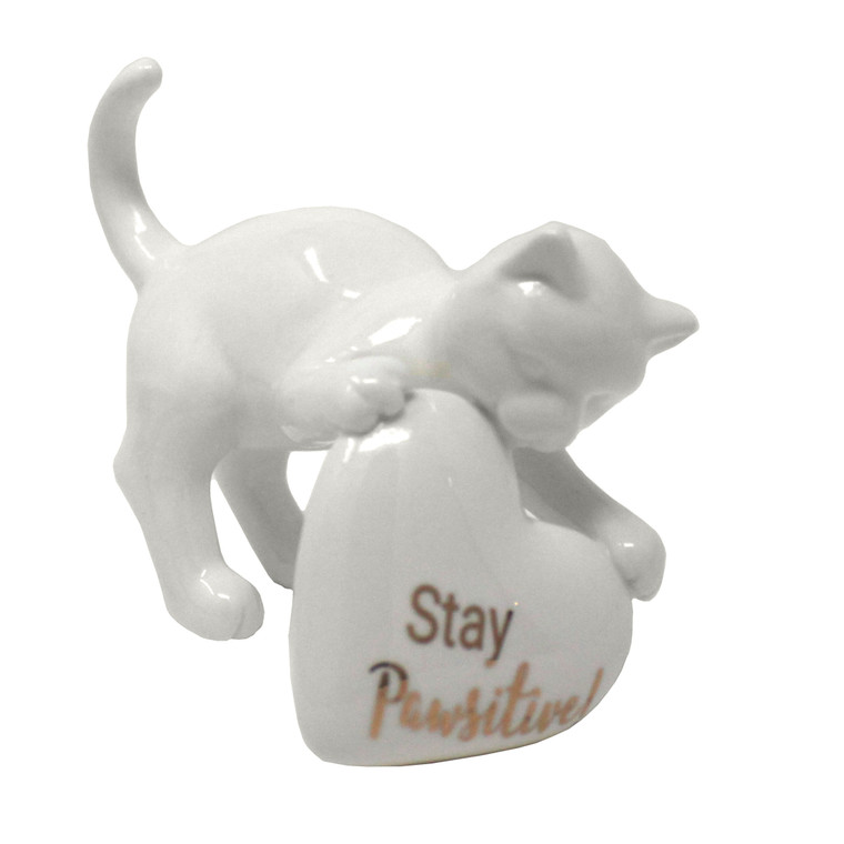 Ceramic Cat with Heart Figurine - Stay Pawsitive