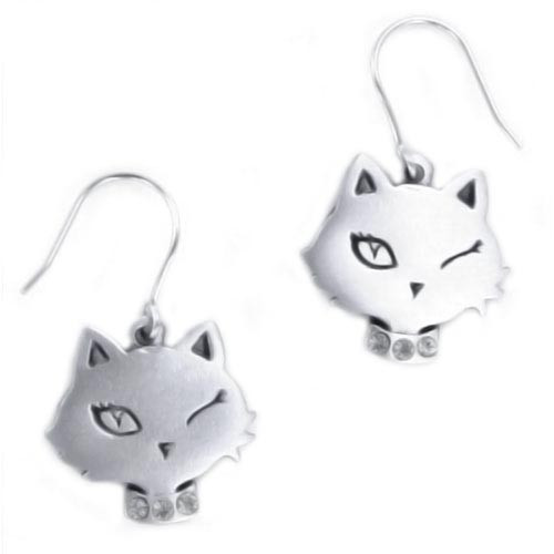 Cat Winking Head Pewter Earrings 8665EFP
