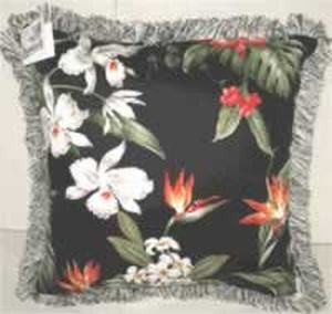 Tropical Flowers Barkcloth Throw Pillow Black with Fringe - BC18B