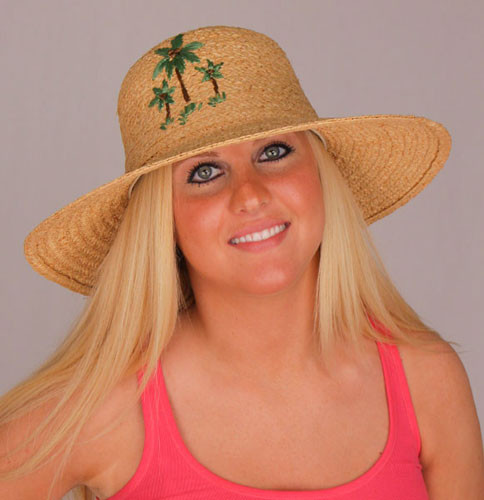 Raffia Hat Wide Brim Palm Tree Embroidered Design - LR427OS