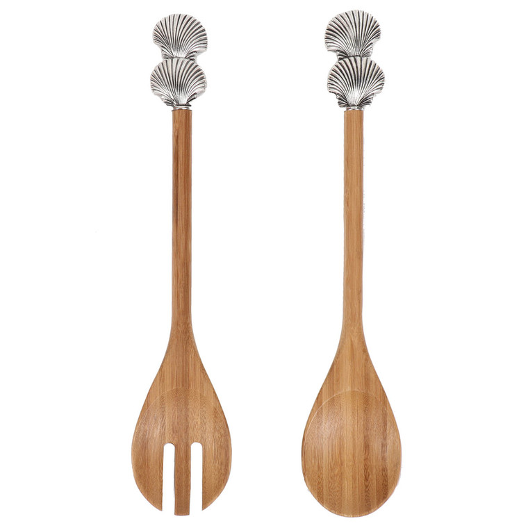 Sea Shell Wooden and Metalware Salad Serving TWO Set 20259