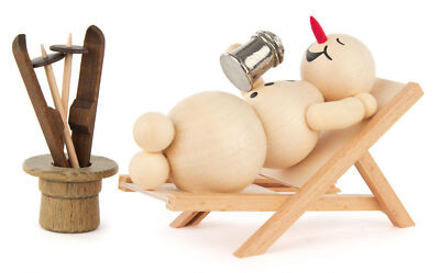 Snowman Relaxing Drinking Skiing Wooden German Figurine