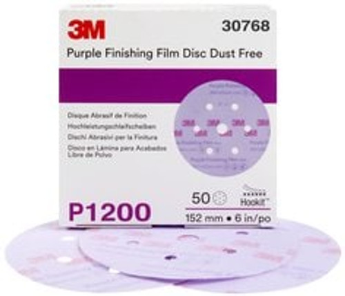 3M™ Hookit™ Purple Finishing Film Abrasive Disc 260L, 30768, 6 in, Dust
Free, P1200, 50 discs per carton, 4 cartons per case