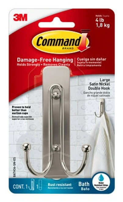 Command™ Large Double Bath Hook, Satin Nickel, BATH36-SN-ES