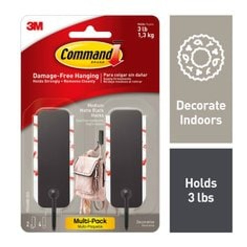 Command™ Medium Matte Black Hooks 17034MB-2ES, 2 Hooks, 4 Strips