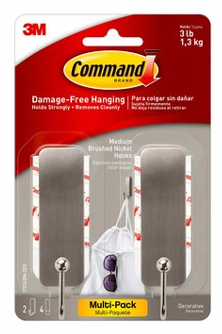 Command™ Medium Brushed Nickel Hooks, 2 Hooks, 4 Strips, 17034BN-2ES