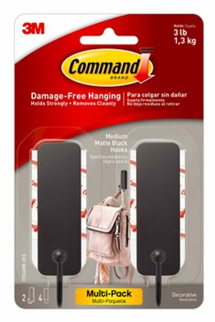 Command™ Medium Matte Black Hooks, 2 Hooks, 4 Strips,17034MB-2ES