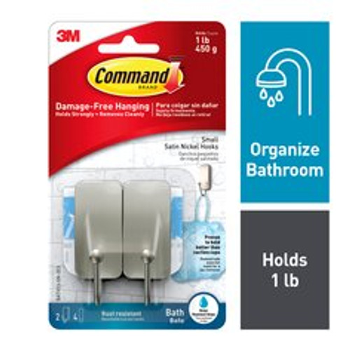 Command™ Bath Small Hooks, Satin Nickel, BATH33-SN-2ES, 2 Hooks, 4 Small
Water-Resistant Strips