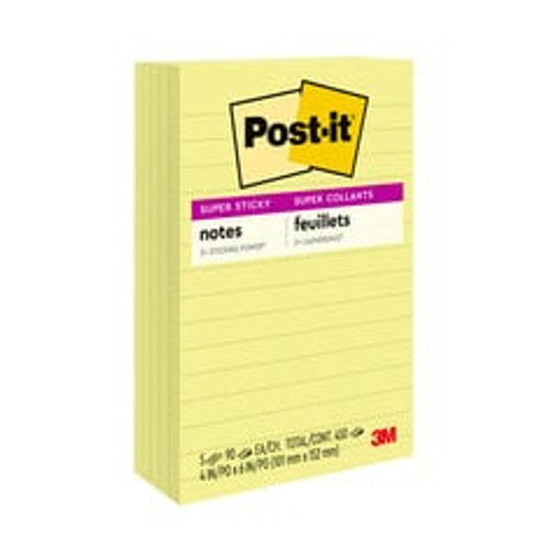 Post-it® Super Sticky Notes 660-5SSCY, 4 in x 6 in (10.16 cm x 15.24 cm) Canary Yellow, lined, 5 pack, 90 sheet pads