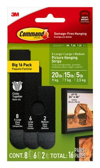 Command™ Black Picture Hanging Strip Mixed Pack 17218BLK-16ES, 16 Pairs