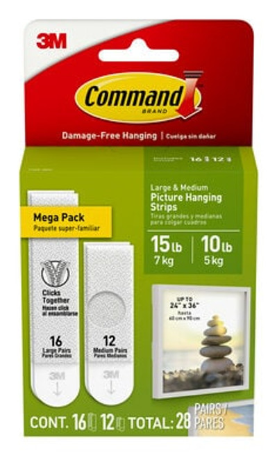 Command™ 10 lb and 15 lb White Picture Hanging Strips 17209-28ES, Mega Pack, 28 Pairs