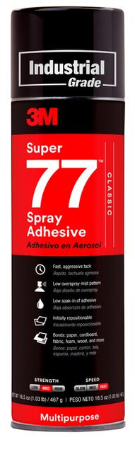 3M™ Super 77™ Classic Spray Adhesive, Clear, 24 fl oz Can (Net Wt 16.5
oz), 12/Case, NOT FOR SALE IN CA AND OTHER STATES
