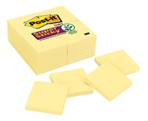Post-it® Super Sticky Notes 654-24SSCY, 3 in x 3 in (76 mm x 76 mm), Canary Yellow
