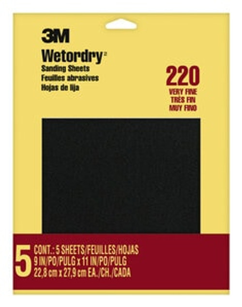 3M™ Wetordry™ Sanding Sheets 9087NA, 9 in x 11 in, 220 grit, 5 sheets/pk, 10 pks/inner, 50 pks/cs
