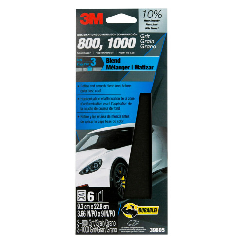 7100217184 3M Performance Sandpaper 39605SRP, 3-2/3 in x 9 in, 800/1000 Grit, 6Sheet/Pack, 6 Pack/Case