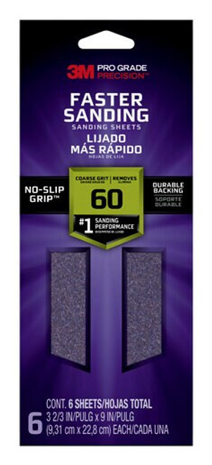 3M™ Pro Grade Precision™ Faster Sanding Sanding Sheets 127060PGP-6, 3 2/3 in x 9 in, 60 grit, Coarse, 6/pk