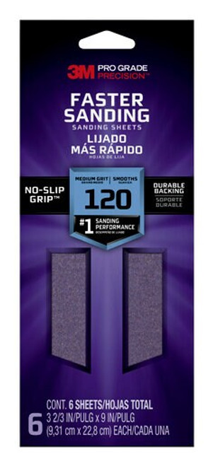 3M™ Pro Grade Precision™ Faster Sanding Sanding Sheets 127120PGP-6, 3 2/3 in x 9 in, 120 grit, Medium, 6/pk