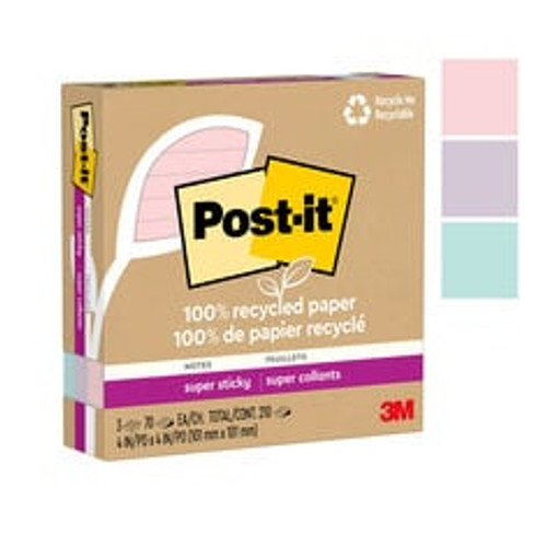 Post-it® Super Sticky Recycled Notes 675R-3SSNRP, 4 in x 4 in (101 mm x 101 mm)