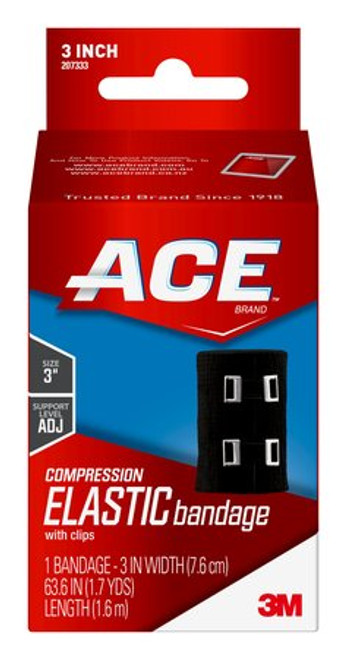 ACE™ Elastic Bandage, 207333, 3 in x 63.6 in (1.7 yds) (7.6 cm x 1.6 m),
Black w/Metal Clips