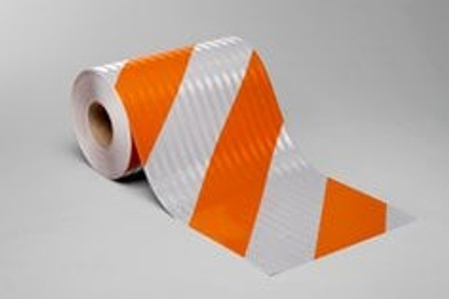 3M™ Flexible Prismatic Reflective Barricade Sheeting 3336L Orange/White,
6 in stripe/left, 7 in x 100 yd