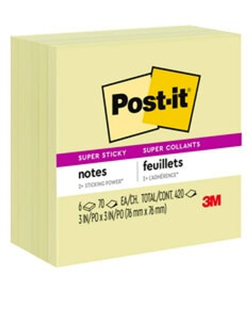 Post-it® Super Sticky Notes 654-6SSCY, 3 in x 3 in (76 mm x 76 mm)