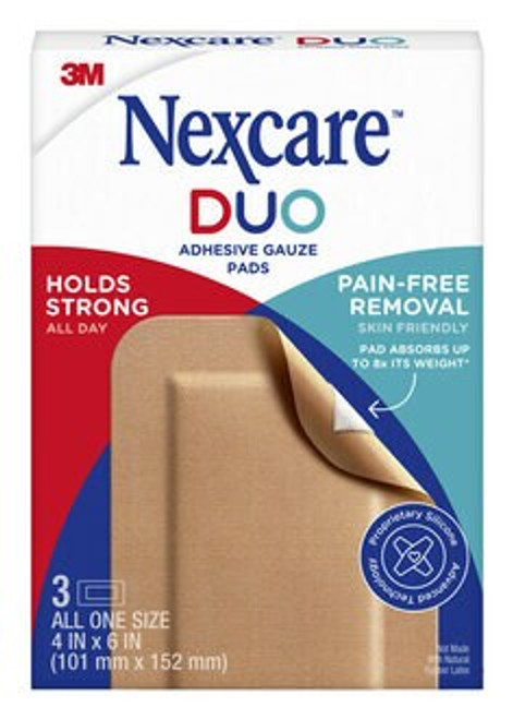 Nexcare™ Duo Adhesive Gauze Pads DSA46-3, 4 in x 6 in (101 mm x 152 mm), 3/pk