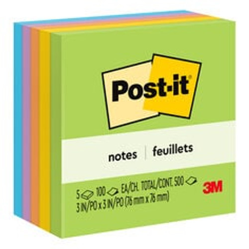 Post-it® Notes, 654-5UC, 3 in x 3 in (76 mm x 76 mm), Jaipur colors, 5
Pads/Pack, 10 Sheets/Pad