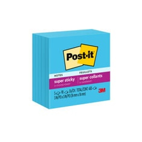 Post-it® Super Sticky Notes 654-5SSBE, 3 in x 3 in (76 mm x 76 mm), Electric Blue