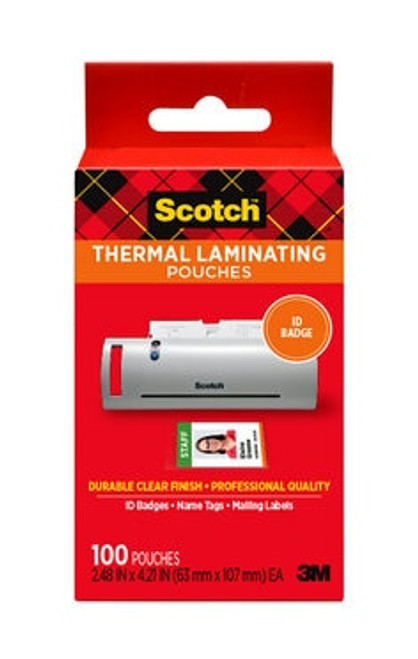 Scotch™ Thermal Pouches TP5852-100, 2.4 in x 4.2 in (63 mm x 107 mm) ID
badge without clip