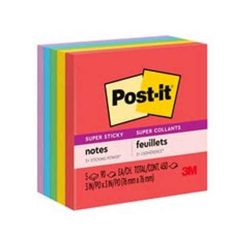 Post-it® Super Sticky Notes 654-5SSAN, 3 in x 3 in (76 mm x 76 mm), Playful Primaries Collection