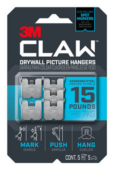 3M CLAW™ Drywall Picture Hanger 15 lb with Temporary Spot Marker 3PH15M-5ES-ALT, 5 hangers, 5 markers