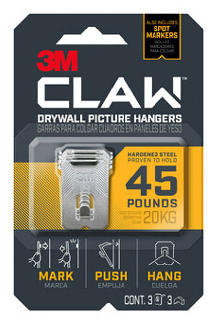 3M CLAW™ Drywall Picture Hanger 45 lb with Temporary Spot Marker 3PH45M-3ES, 3 hangers, 3 markers