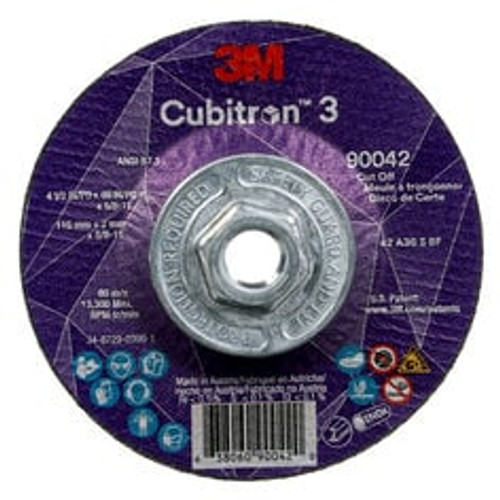 3M™ Cubitron™ 3 Cut-Off Wheel, 90042, 36+, T27, 4-1/2 in x 0.09 in x 5/8
in-11 (115 x 2 mm x 5/8-11 in), ANSI, 10 ea/Case