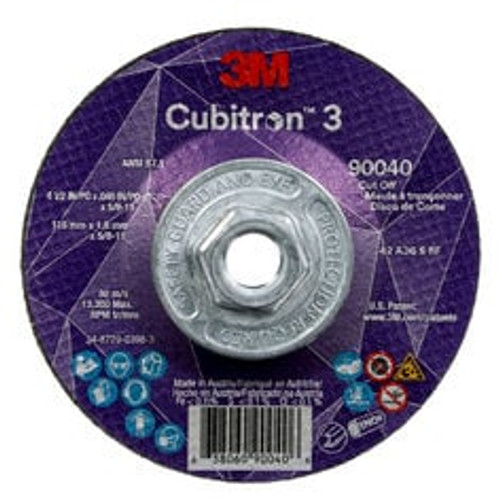 3M™ Cubitron™ 3 Cut-Off Wheel, 90040, 36+, T27, 4-1/2 in x 0.045 in x
5/8 in-11 (115 x 1.6 mm x 5/8-11 in), ANSI, 10 ea/Case